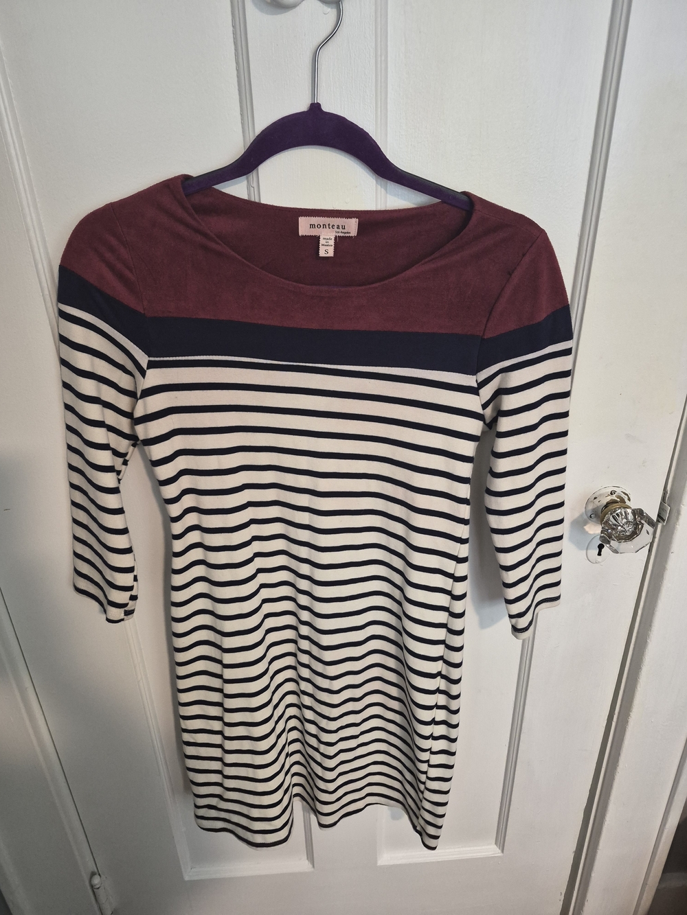 Monteau Striped Knit Dress with Burgundy Yoke